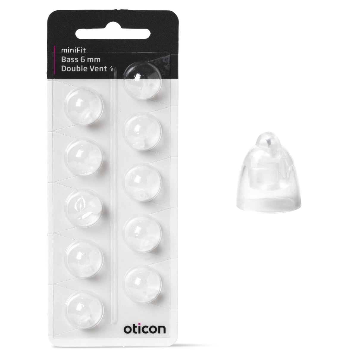 A pack of nine Oticon miniFit Bass-Dome (double vent) 6 mm clear, dome-shaped hearing aid tips, with one tip displayed next to the packaging.