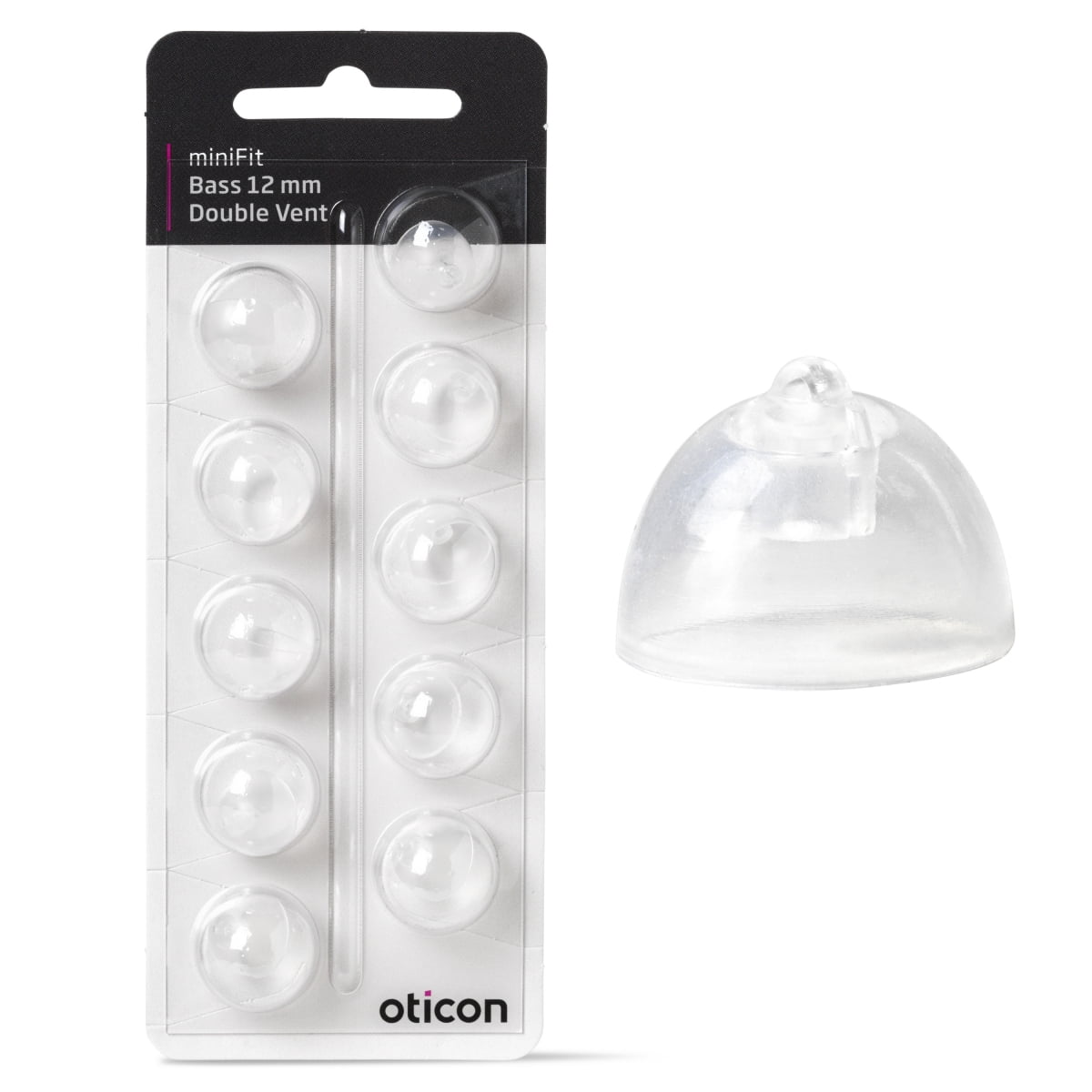 A package of eight Oticon miniFit Bass-Dome (double vent) 12 mm hearing aid domes, with one dome shown separately on the right.