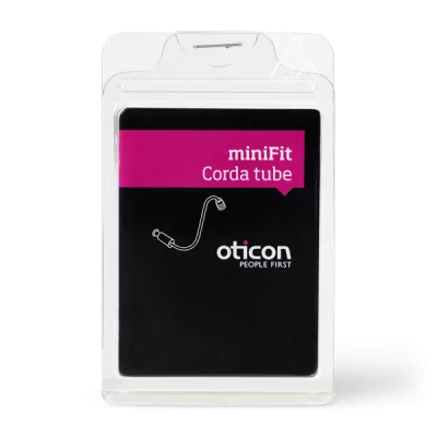 A clear plastic package featuring the Oticon Corda MiniFit (0.9) product name, a straightforward tube illustration, and the Oticon People First logo set against a black background.
