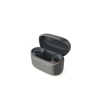 Open gray Phonak Charger RIC EON for hearing aids with two recessed ports.